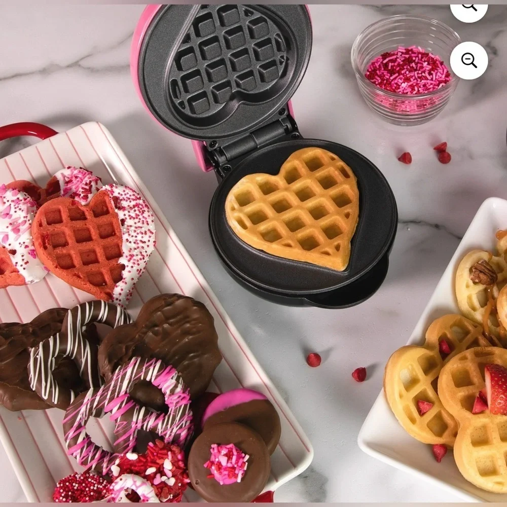 New Nostalgia Mini Electric Heart Waffle Maker, Red with Spatula Set